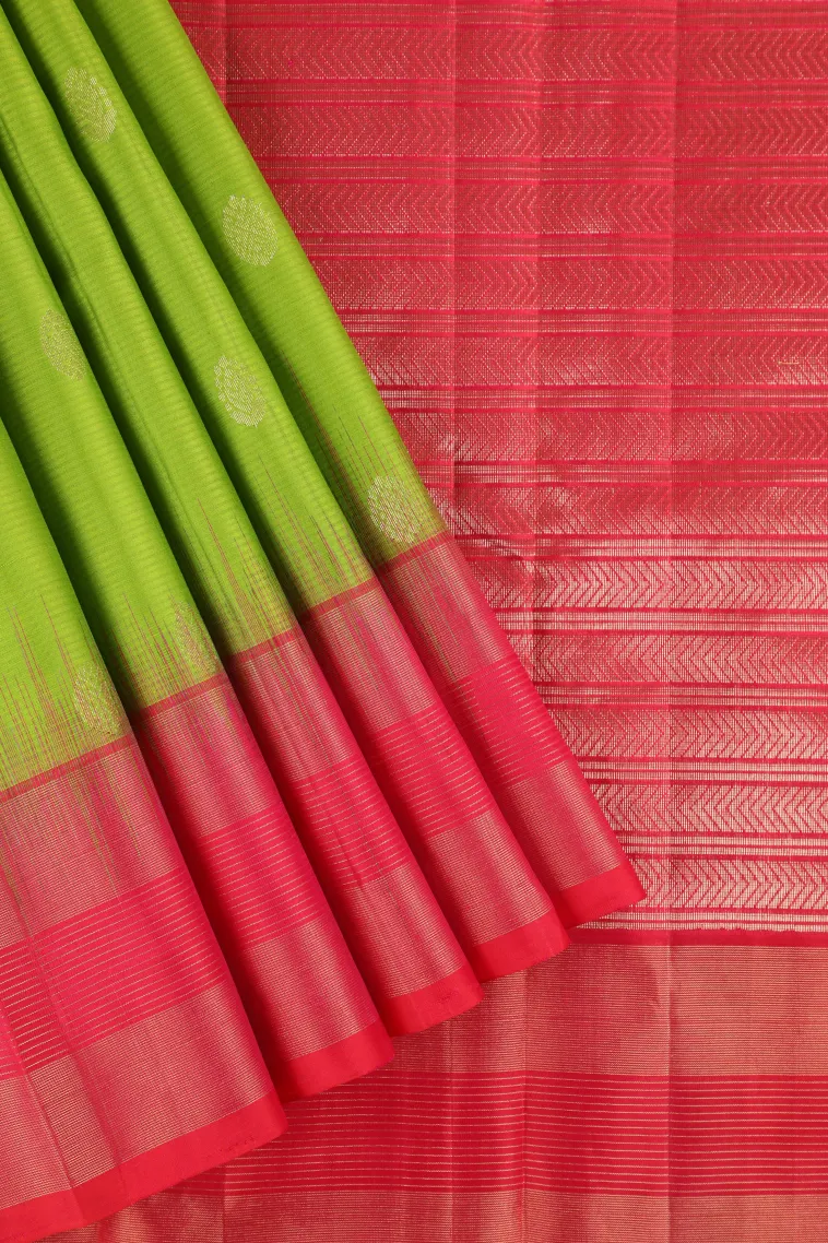 Lime Green Soft Silk Saree with Gold Zari Buttis (small Dots Or Motifs)