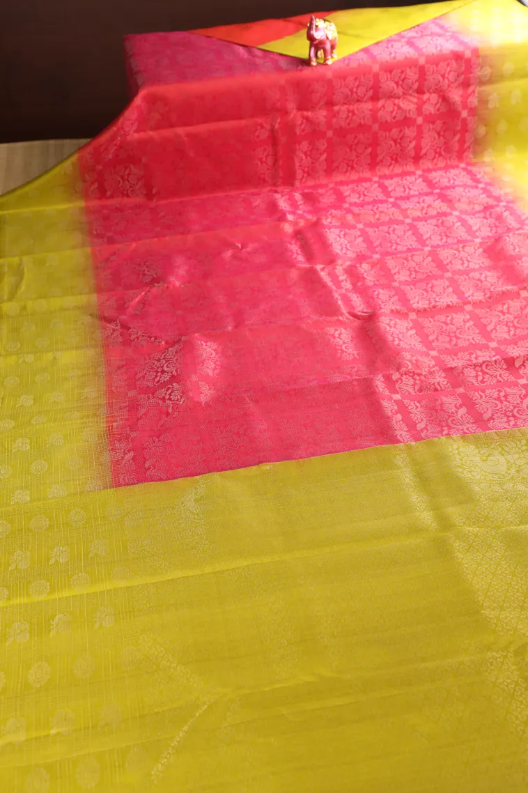 Rose Red Soft Silk Saree with Silver Zari Floral Patterns view 2