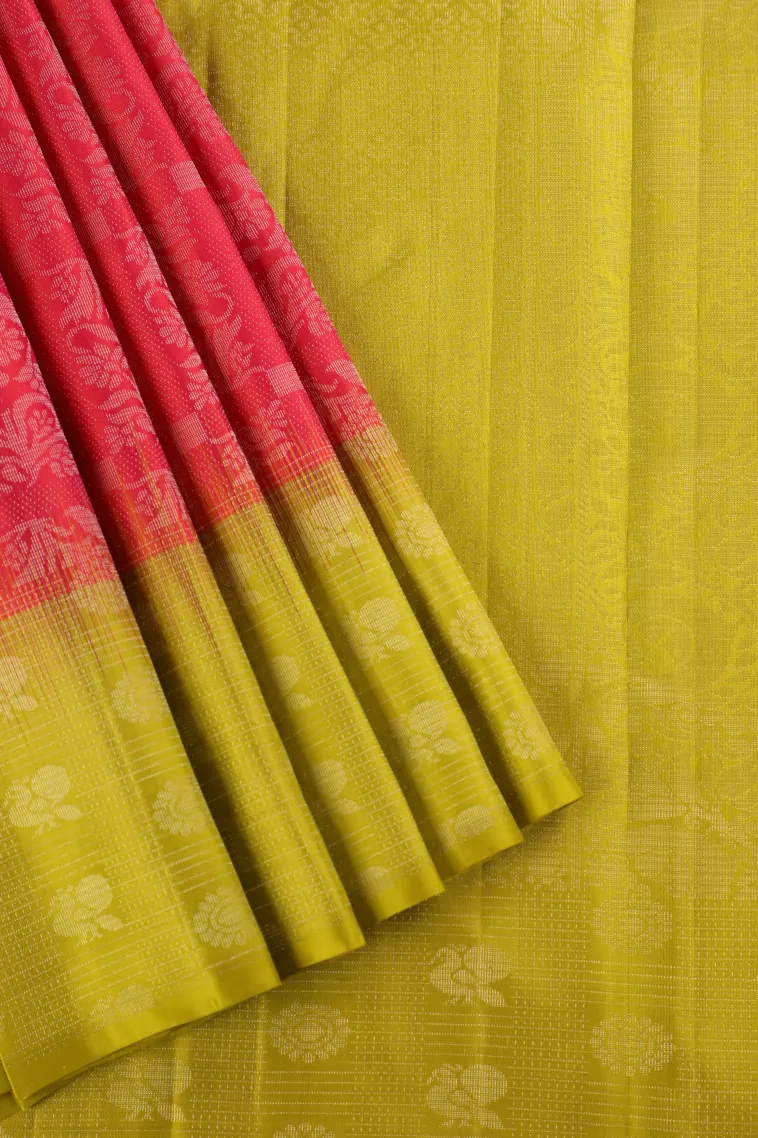 Rose Red Soft Silk Saree with Silver Zari Floral Patterns view 1