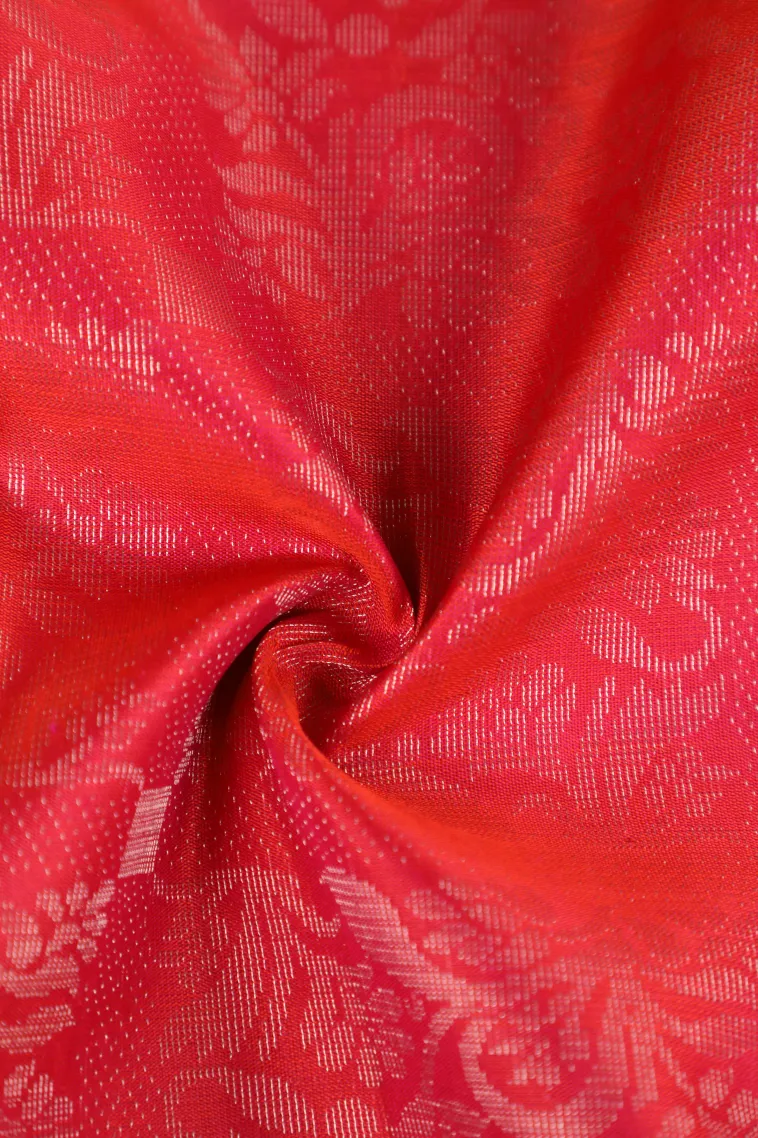 Rose Red Soft Silk Saree with Silver Zari Floral Patterns view 4
