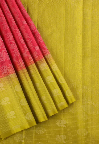 Rose Red Soft Silk Saree with Silver Zari Floral Patterns