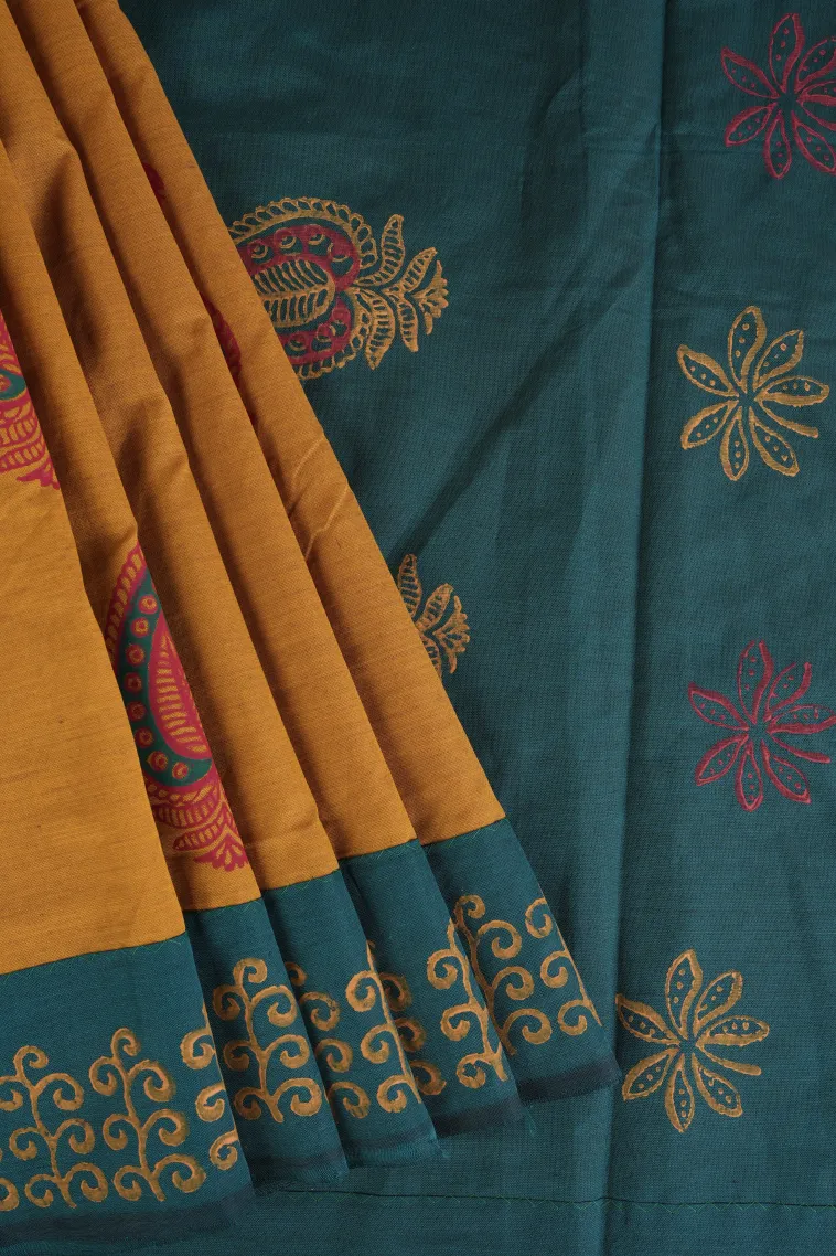 Gold Poly Cotton Sarees Without Zari With Mango Puttas view 1