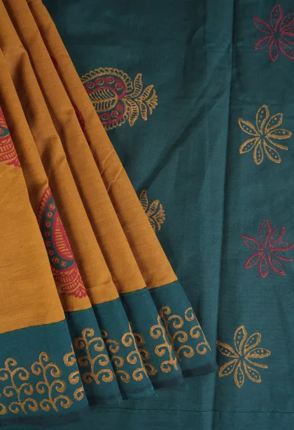Gold Poly Cotton Sarees Without Zari With Mango Puttas