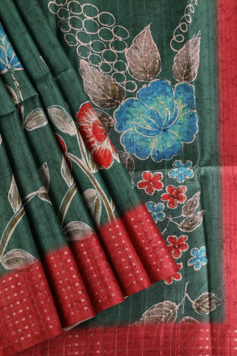 Peacock Green Tussar Saree Without Zari With Flower Mottif view 1
