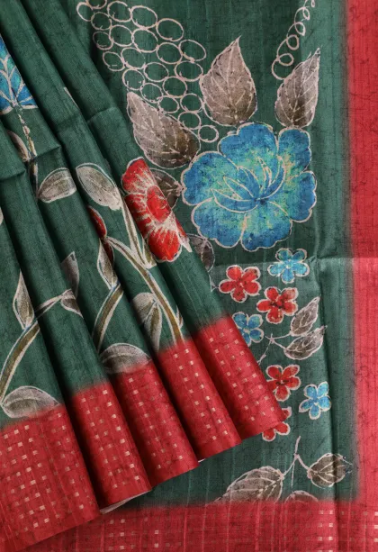 Peacock Green Tussar Saree Without Zari With Flower Mottif