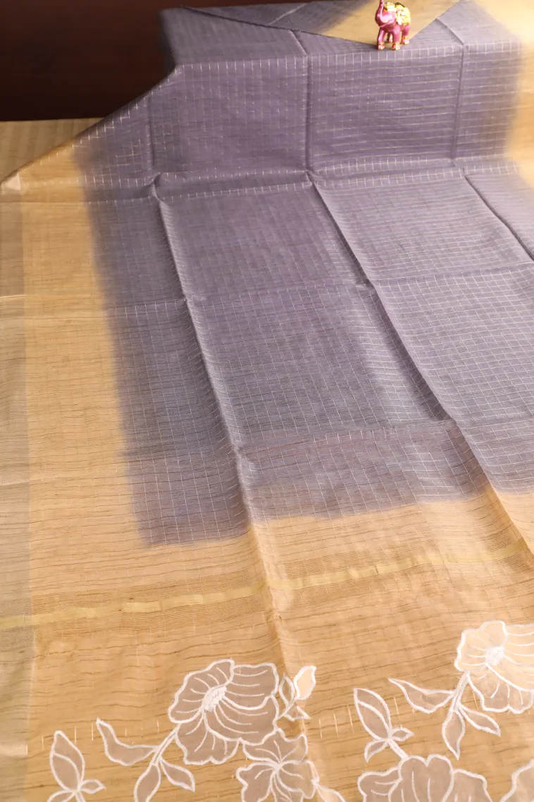 Heather Purple Semi Tussar Silk with Gold Zari Checks view 2