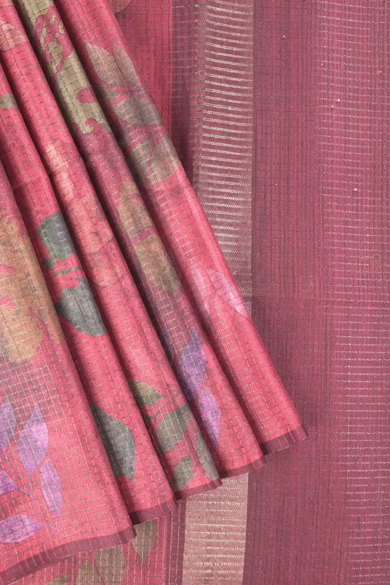 Apple Red Tussar Saree with Antic Zari Small Checks Pattern