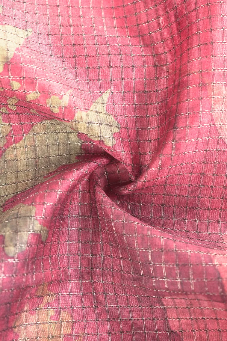 Apple Red Tussar Saree with Antic Zari Small Checks Pattern view 4
