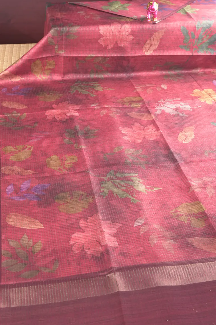 Apple Red Tussar Saree with Antic Zari Small Checks Pattern view 2