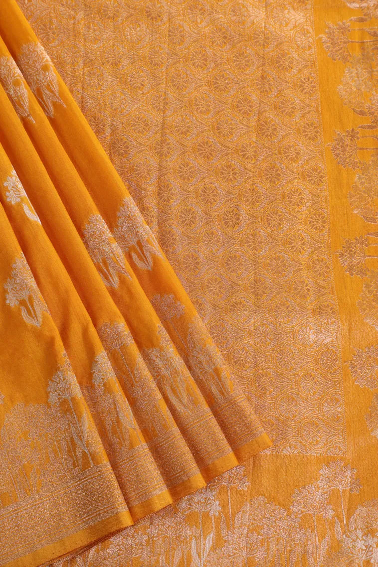 Lemon Yellow Banaras Sarees with Gold And Silver Zari Flower Mottif