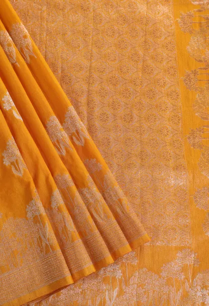 Lemon Yellow Banaras Sarees with Gold And Silver Zari Flower Mottif