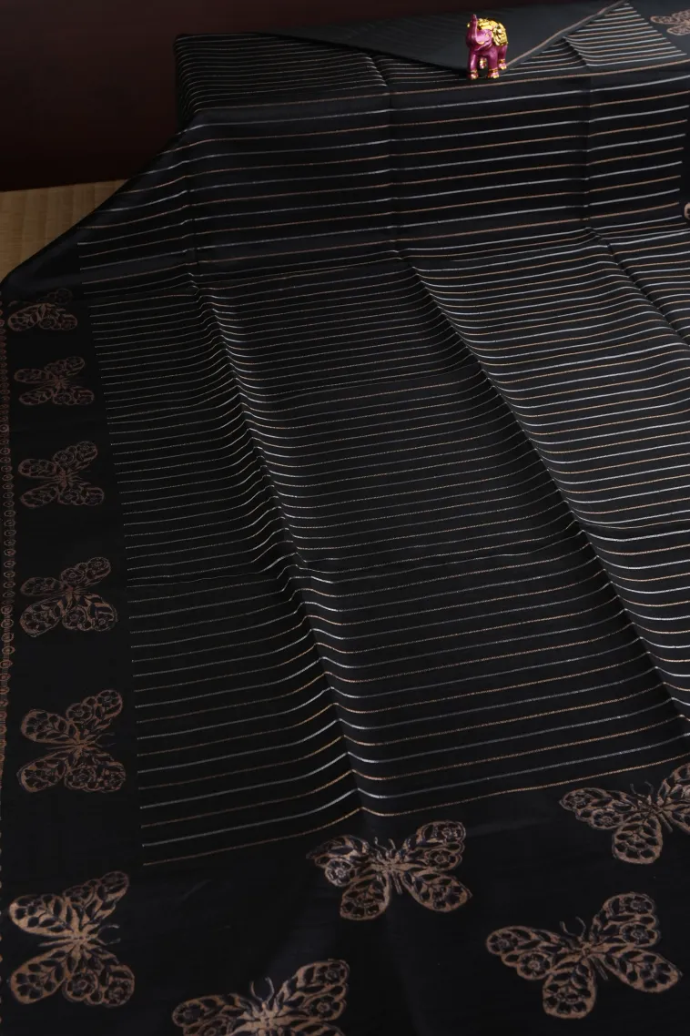 Asphalt Black Tussar Saree with Gold And Silver Zari Stripes view 2