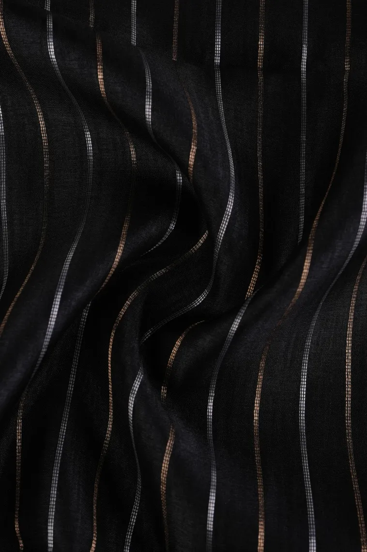 Asphalt Black Tussar Saree with Gold And Silver Zari Stripes view 4