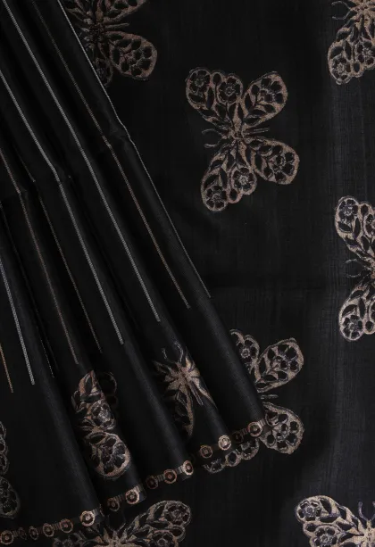 Asphalt Black Tussar Saree with Gold And Silver Zari Stripes
