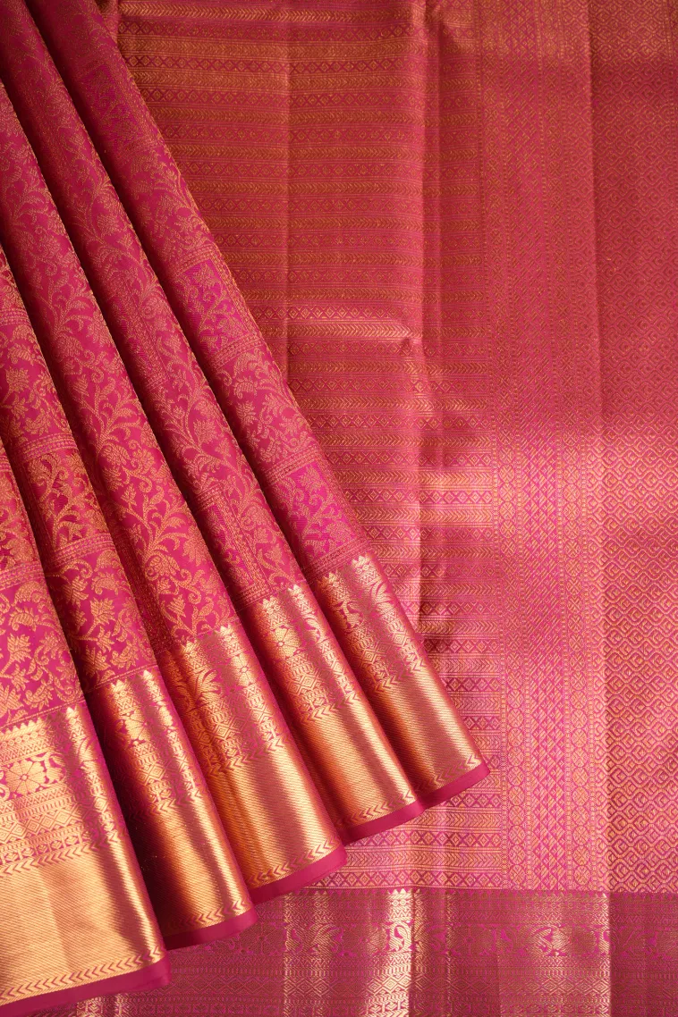 Magenta Pink Kanchipuram Silk Sarees with Gold Zari Floral Patterns view 1