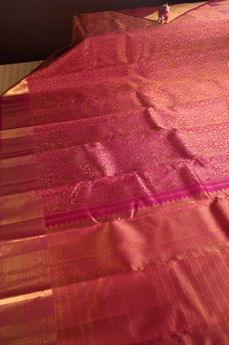 Magenta Pink Kanchipuram Silk Sarees with Gold Zari Floral Patterns view 2