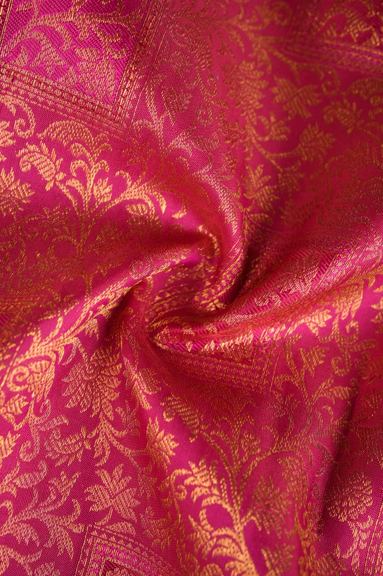 Magenta Pink Kanchipuram Silk Sarees with Gold Zari Floral Patterns view 4