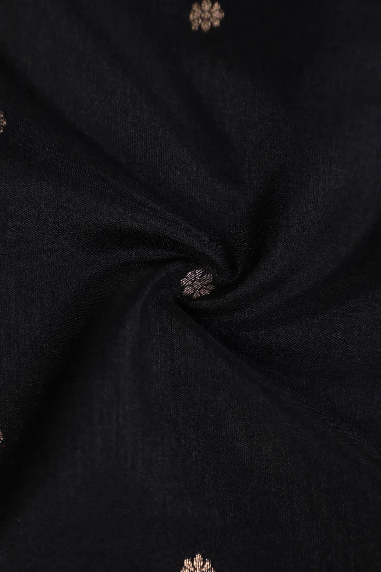 Asphalt Black Semi Raw Silk Printed with Gold Zari Buttis (small Dots Or Motifs) view 4