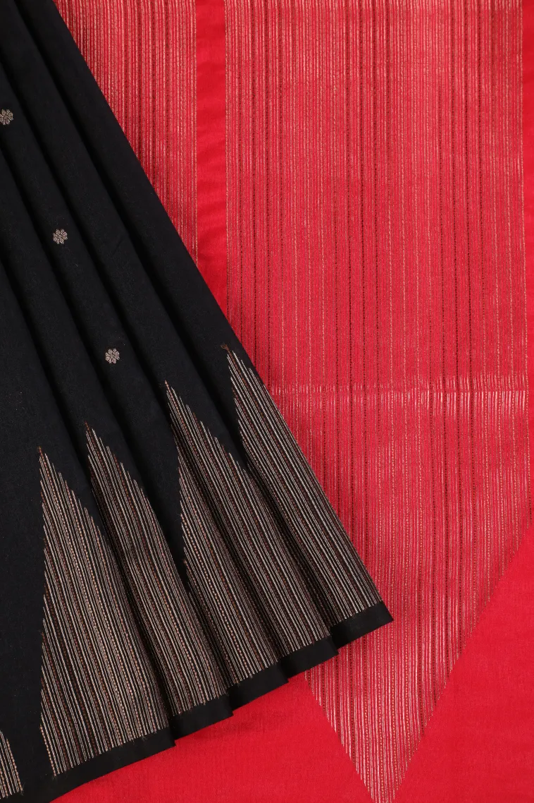 Asphalt Black Semi Raw Silk Printed with Gold Zari Buttis (small Dots Or Motifs)