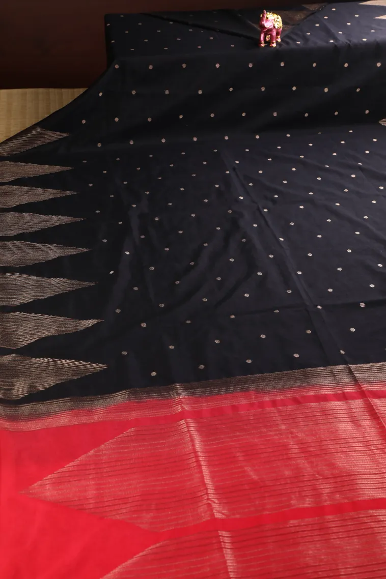 Asphalt Black Semi Raw Silk Printed with Gold Zari Buttis (small Dots Or Motifs) view 2