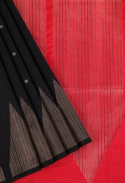 Asphalt Black Semi Raw Silk Printed with Gold Zari Buttis (small Dots Or Motifs)