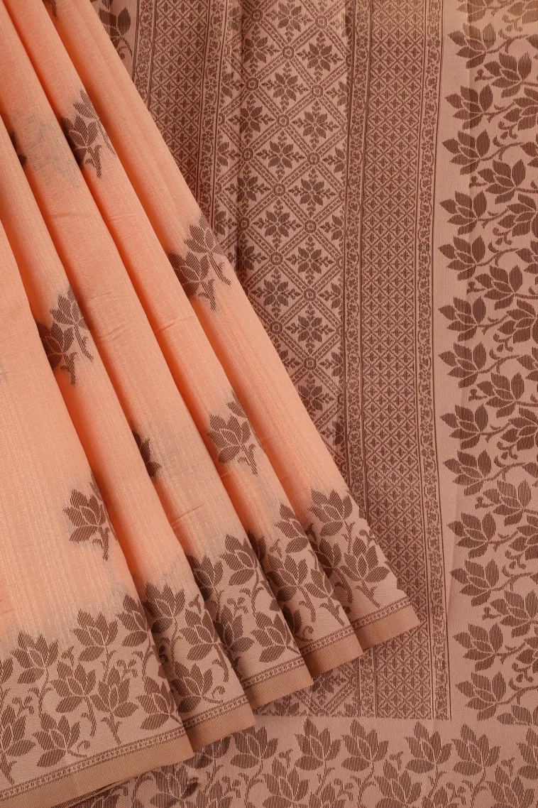 Peach Pink Raw Silk Sarees with Copper Zari Flower Mottif