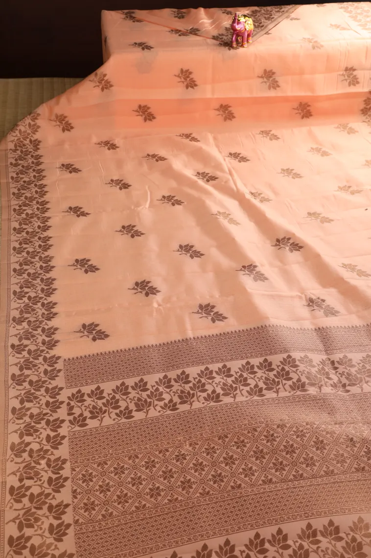 Peach Pink Raw Silk Sarees with Copper Zari Flower Mottif view 2