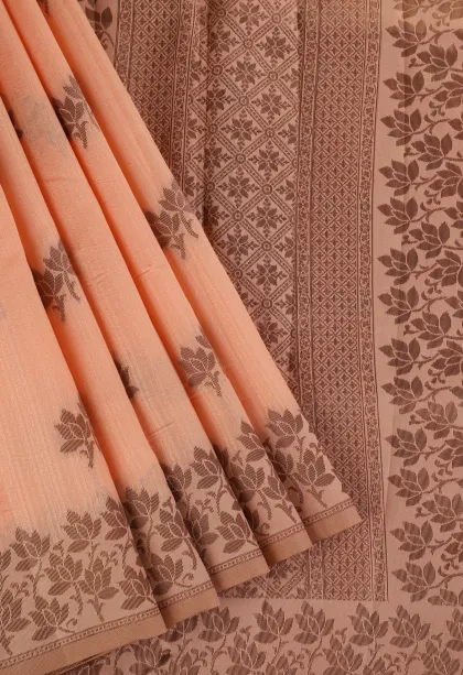 Peach Pink Raw Silk Sarees with Copper Zari Flower Mottif