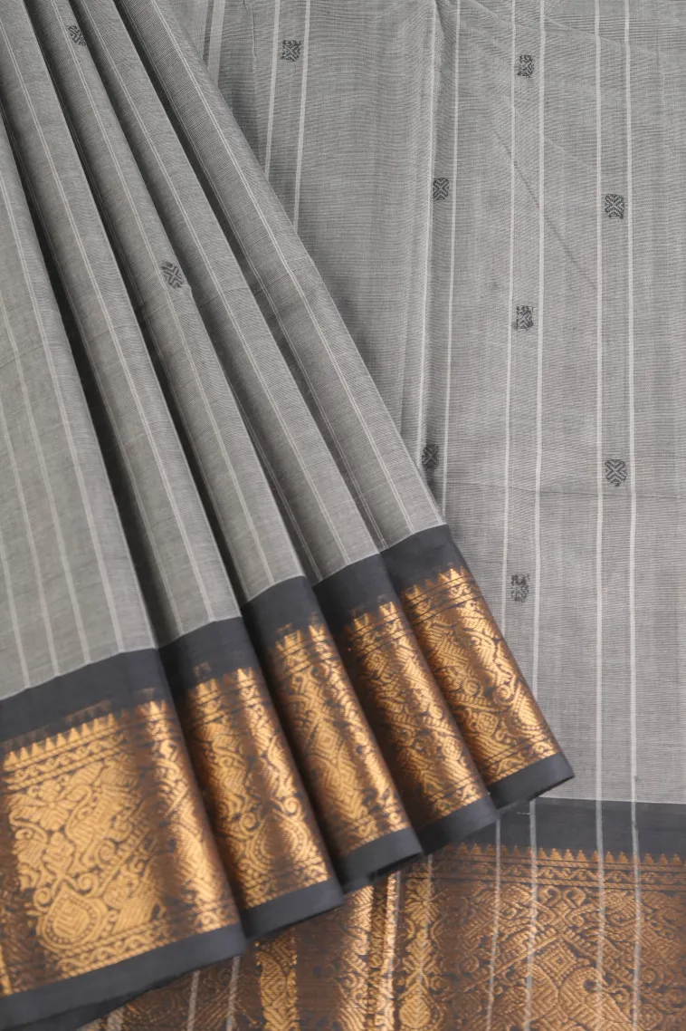 Gray Black Chettinad Cotton Sarees with Gold Zari Stripes And Puttas