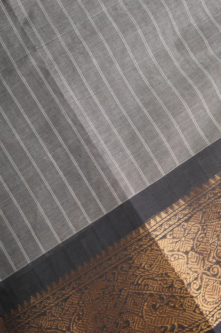 Gray Black Chettinad Cotton Sarees with Gold Zari Stripes And Puttas view 3