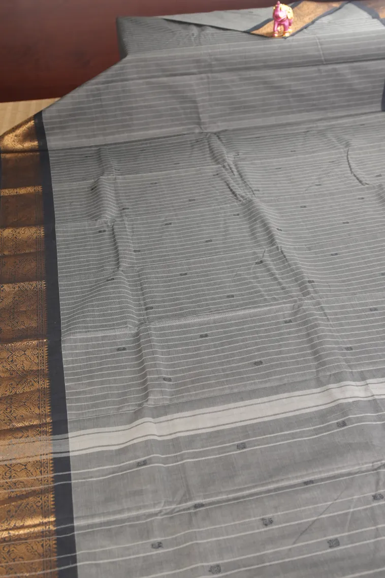 Gray Black Chettinad Cotton Sarees with Gold Zari Stripes And Puttas view 2