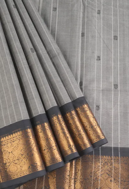 Gray Black Chettinad Cotton Sarees with Gold Zari Stripes And Puttas