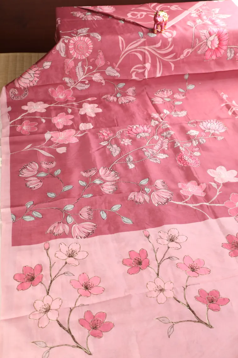 Punch Pink Semi Tussar Silk with Thread Zari Floral Patterns view 2