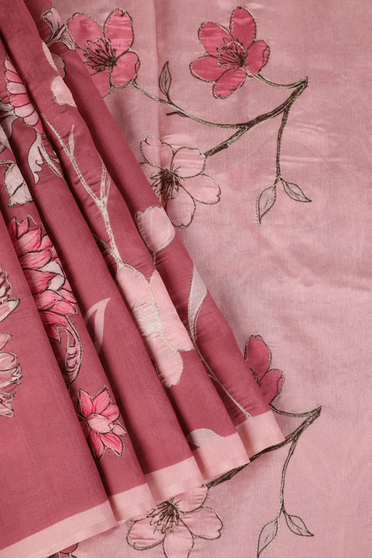 Punch Pink Semi Tussar Silk with Thread Zari Floral Patterns