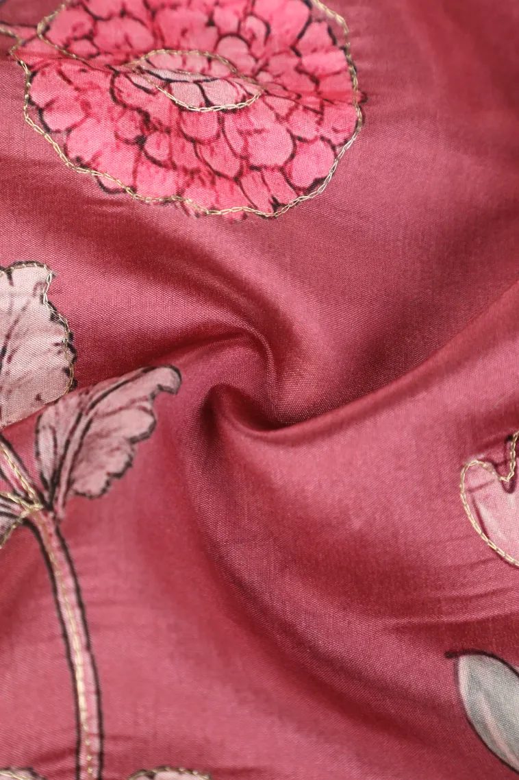 Punch Pink Semi Tussar Silk with Thread Zari Floral Patterns view 4