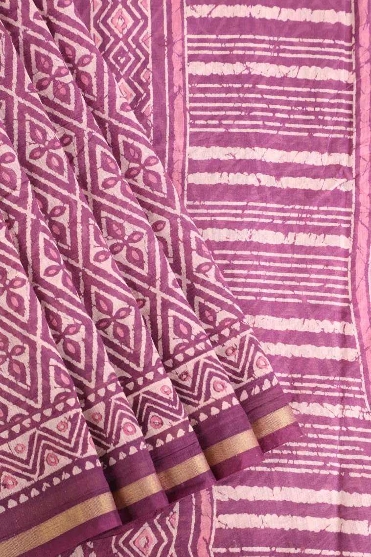 Lavender Purple Chanderi Cotton Sarees with Gold Zari Geometric Shapes