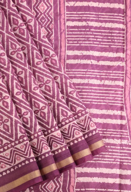 Lavender Purple Chanderi Cotton Sarees with Gold Zari Geometric Shapes