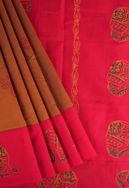 Tawny Brown Poly Cotton Sarees Without Zari With Butterfly Butta