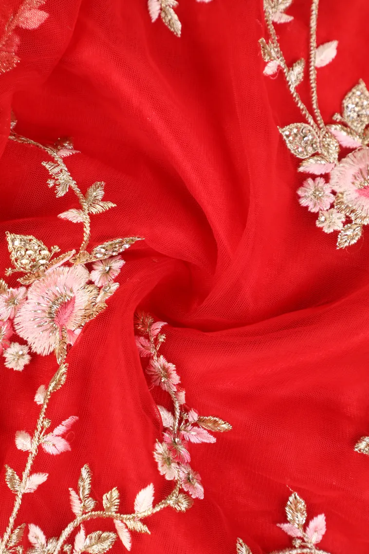 Rose Red Designer Sarees with Gold Zari Floral Patterns view 4