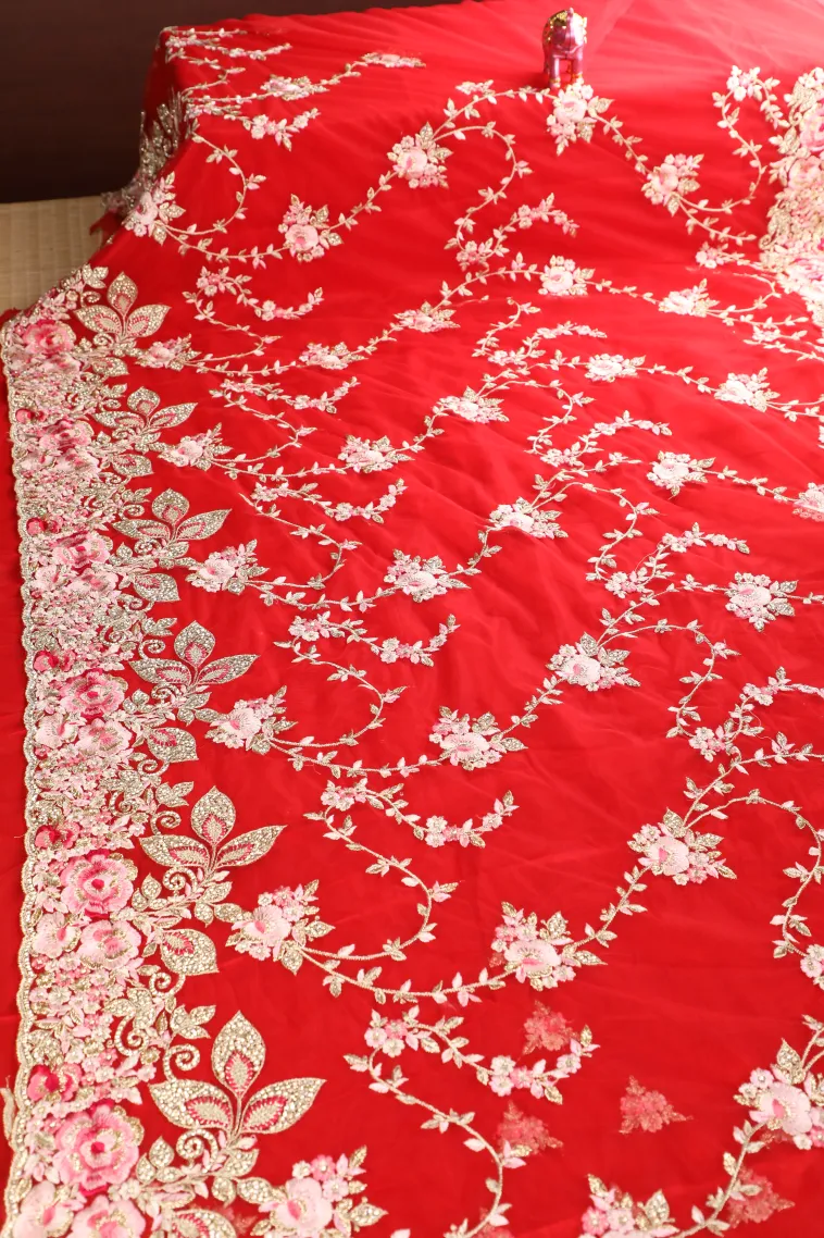 Rose Red Designer Sarees with Gold Zari Floral Patterns view 2