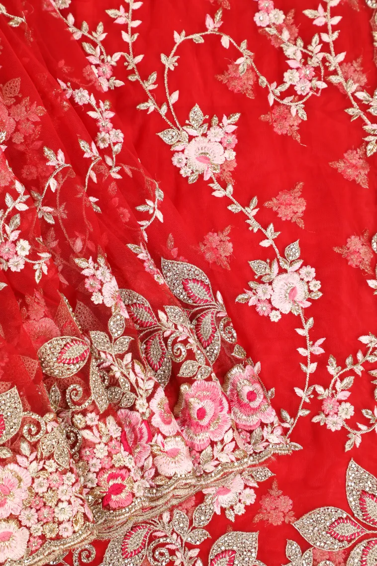 Rose Red Designer Sarees with Gold Zari Floral Patterns