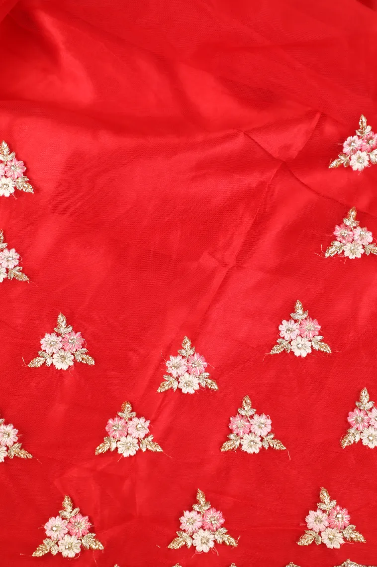 Rose Red Designer Sarees with Gold Zari Floral Patterns view 3