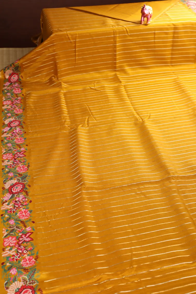 Gold Banaras Sarees with Gold And Silver Zari Stripes view 2