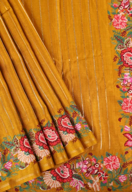 Gold Banaras Sarees with Gold And Silver Zari Stripes