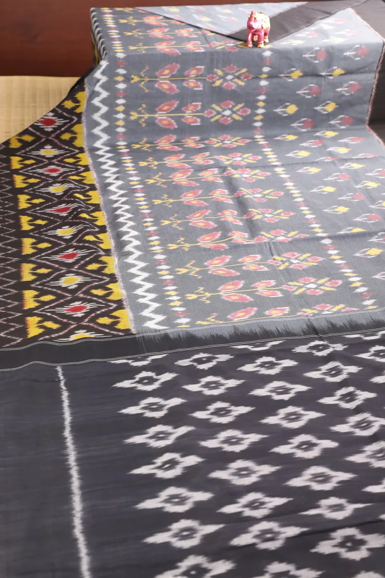 Gray Black Ikkat Cotton Sarees Without Zari With Geometric Shapes view 2