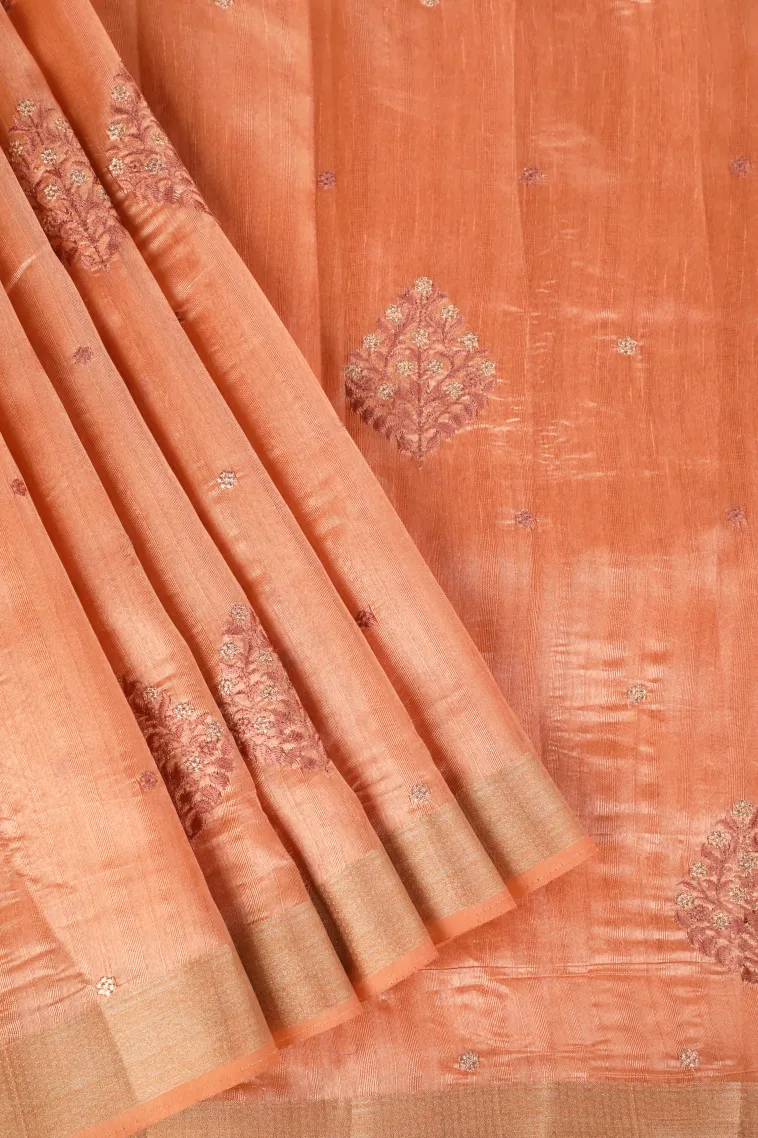 Carrot Orange Raw Silk Sarees with Thread Zari Flower Mottif view 1