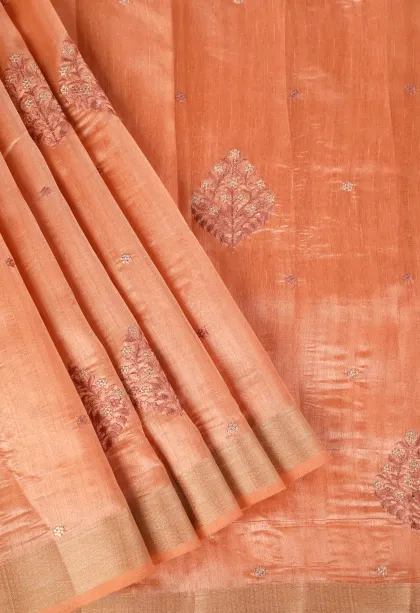 Carrot Orange Raw Silk Sarees with Thread Zari Flower Mottif