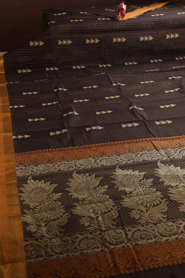 Coffee Brown Kanchi Cotton Sarees with Gold Zari Stripes And Puttas view 2