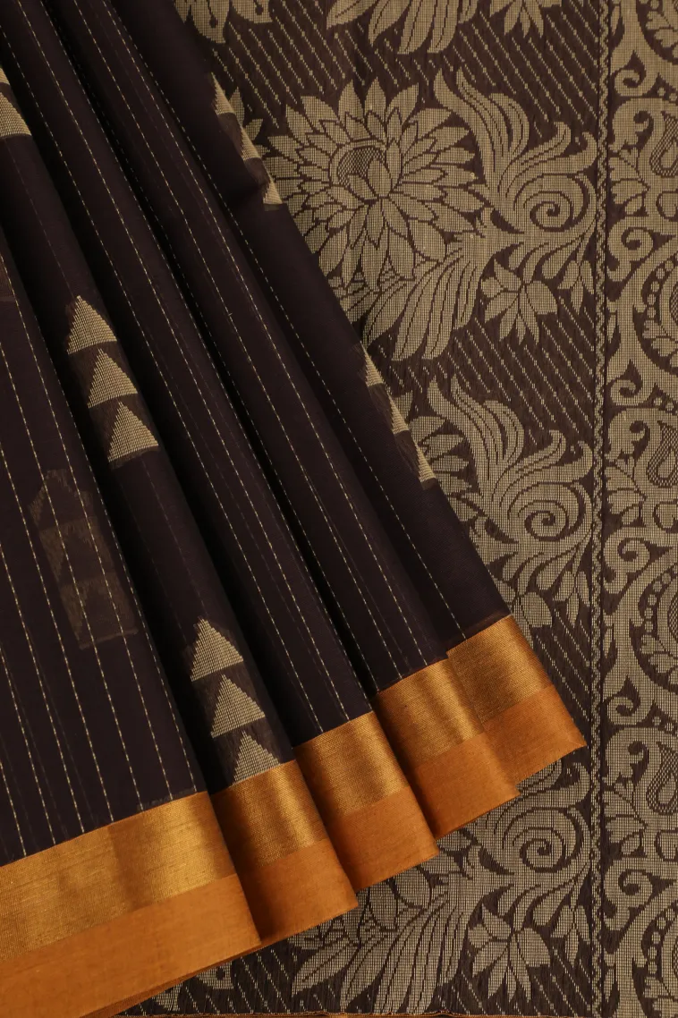Coffee Brown Kanchi Cotton Sarees with Gold Zari Stripes And Puttas