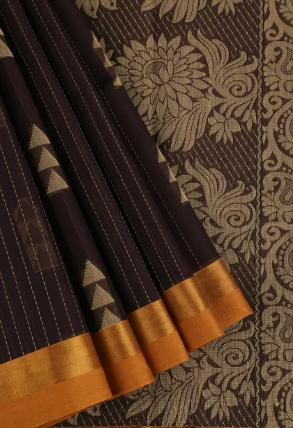 Coffee Brown Kanchi Cotton Sarees with Gold Zari Stripes And Puttas